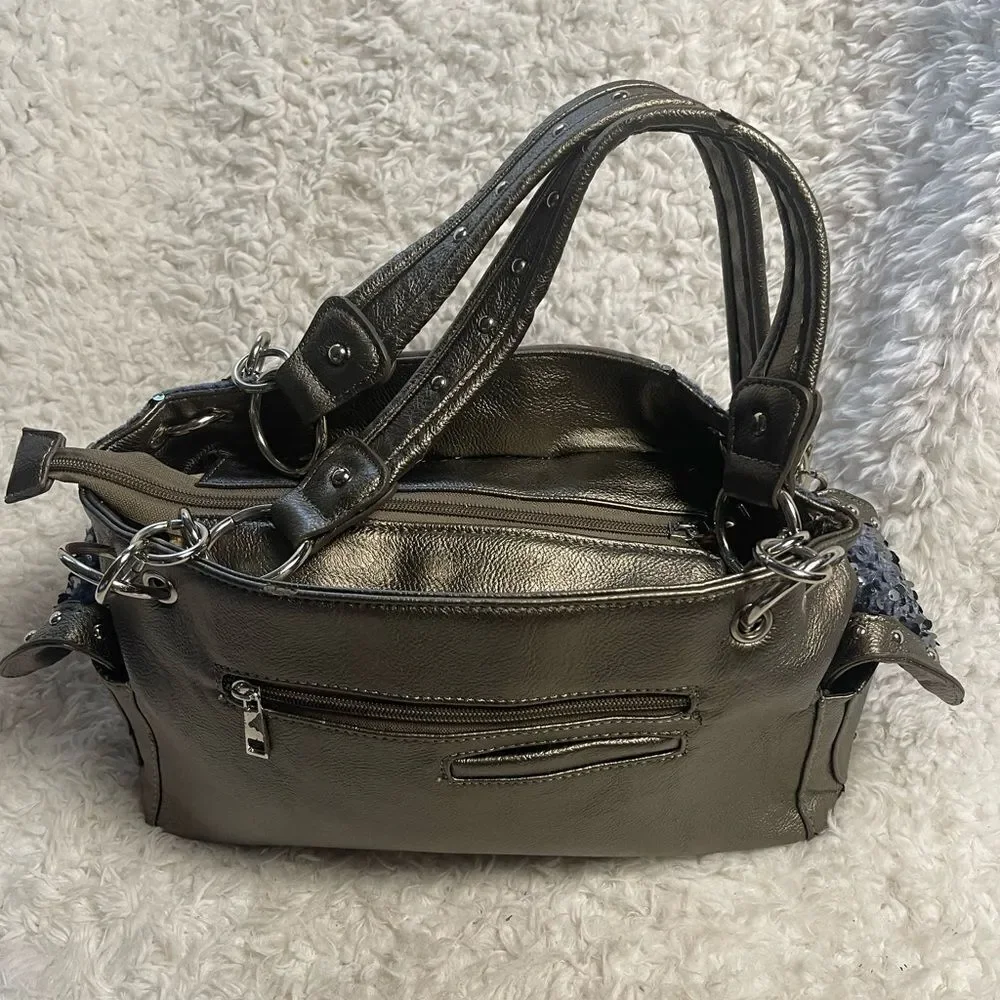 Stylish Blue &Silver Rhinestones cross embroidery & sequins metallic gray Bag